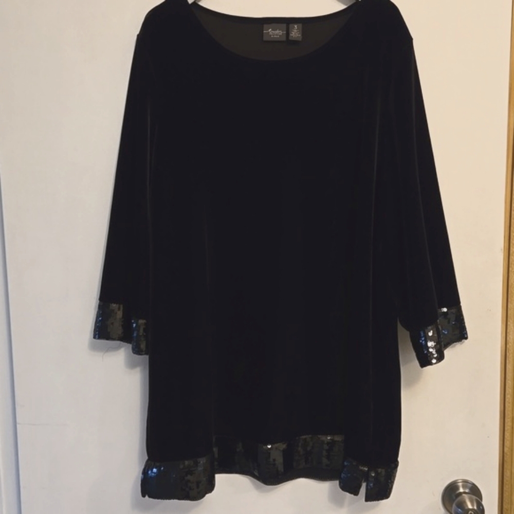 Chico's Travelers Black Velvet Top 3 (XL) Sequin Bands - Picture 2 of 13